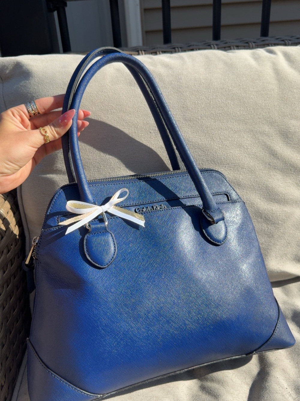 Calvin Klein Blue Saffiano Satchel with Double Handles